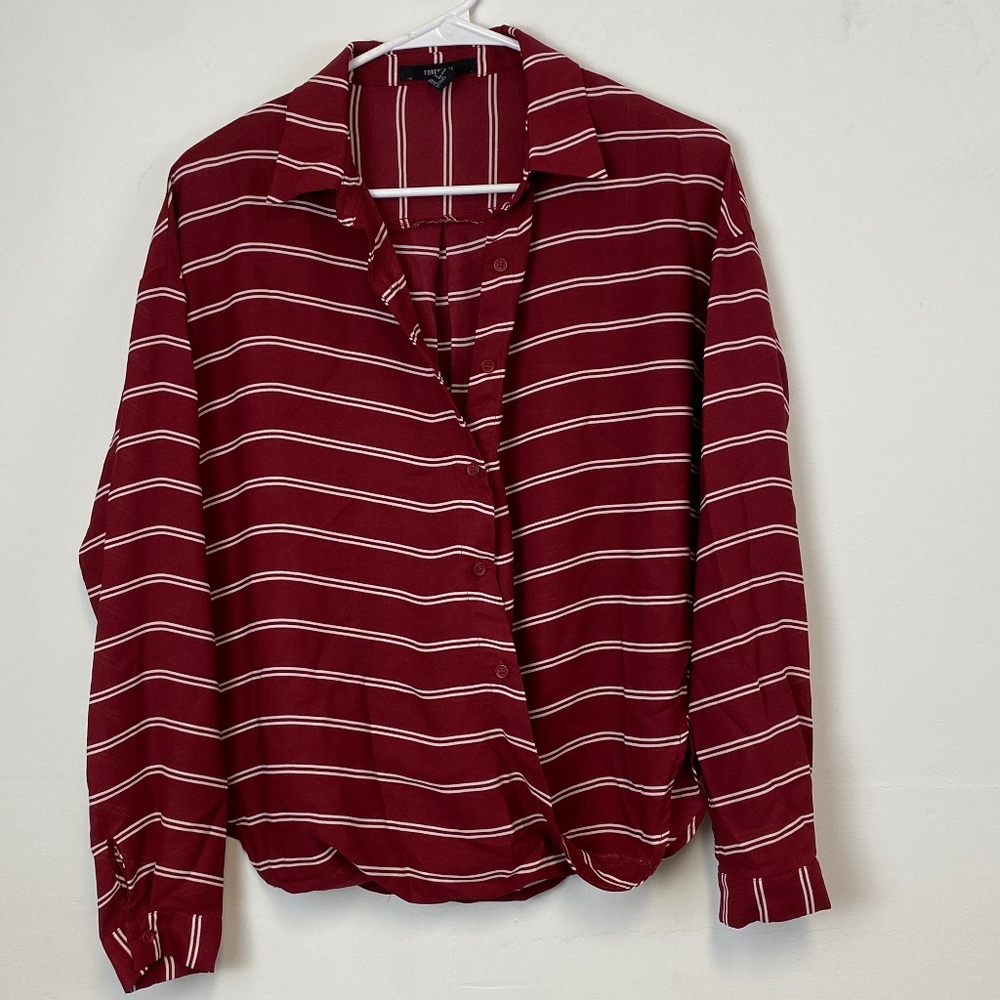 Forever 21 Top Women's Size S Burgundy White Striped Button Long Sleeve Shirt